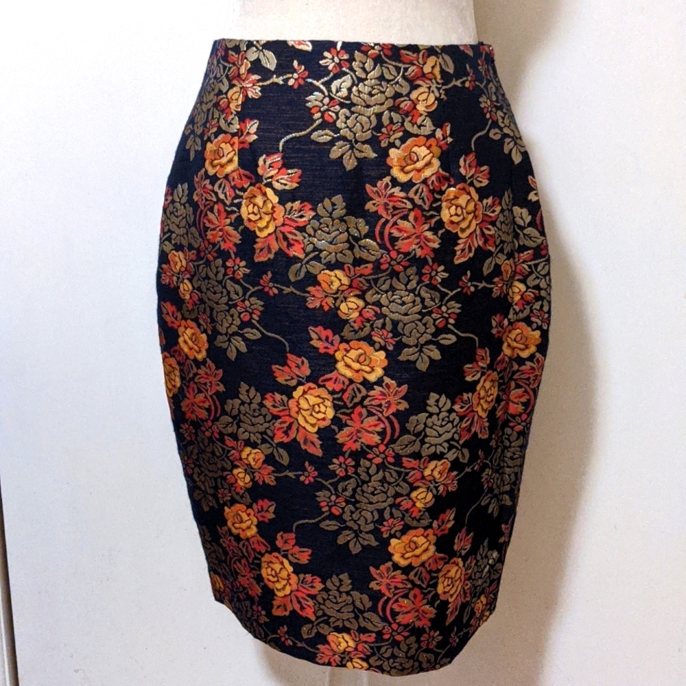 NEW Brooks Brothers Navy Bronze Gold Orange Red Floral Jacquard Skirt Hard TFind